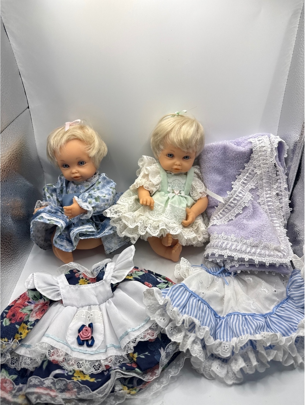 Vintage berenguer twin baby dolls blond with outfits and blanket